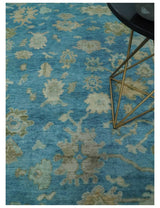 Custom Made Oushak Hand Knotted Blue and Beige Traditional Wool Rug