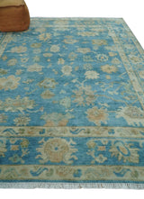 Custom Made Oushak Hand Knotted Blue and Beige Traditional Wool Rug