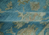 Custom Made Oushak Hand Knotted Blue and Beige Traditional Wool Rug
