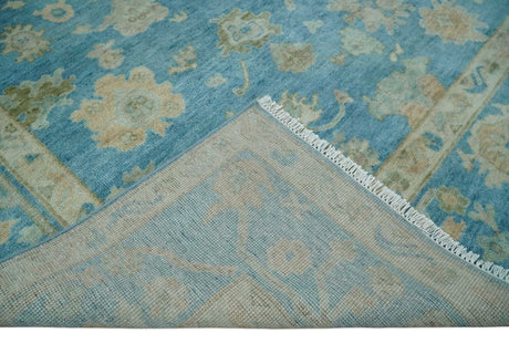 Custom Made Oushak Hand Knotted Blue and Beige Traditional Wool Rug