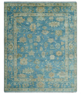 Custom Made Oushak Hand Knotted Blue and Beige Traditional Wool Rug