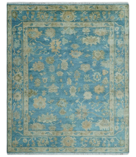 Custom Made Oushak Hand Knotted Blue and Beige Traditional Wool Rug