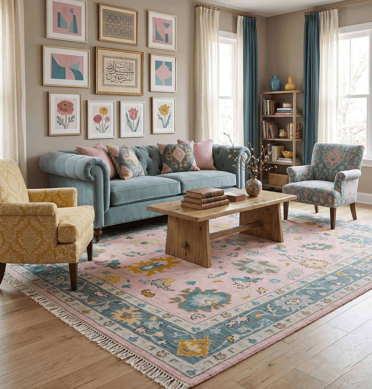 Custom Made Pink and Gray Hand knotted Traditional Oushak wool Area Rug