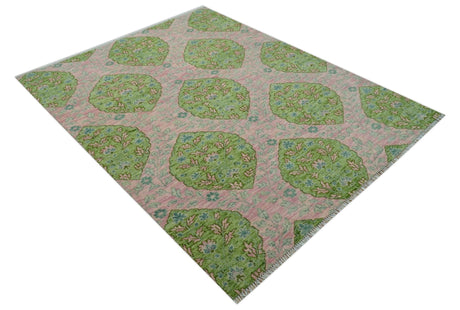 Custom Made Pink And Green Traditional Floral Motifs Design Hand Knotted wool area rug