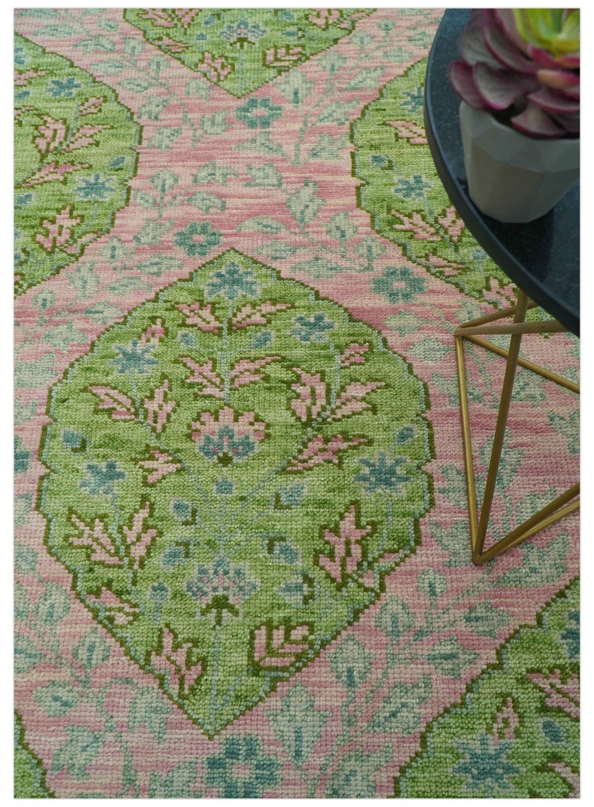 Custom Made Pink And Green Traditional Floral Motifs Design Hand Knotted wool area rug
