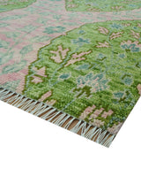Custom Made Pink And Green Traditional Floral Motifs Design Hand Knotted wool area rug