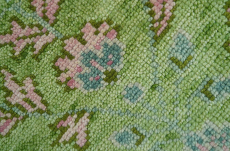 Custom Made Pink And Green Traditional Floral Motifs Design Hand Knotted wool area rug