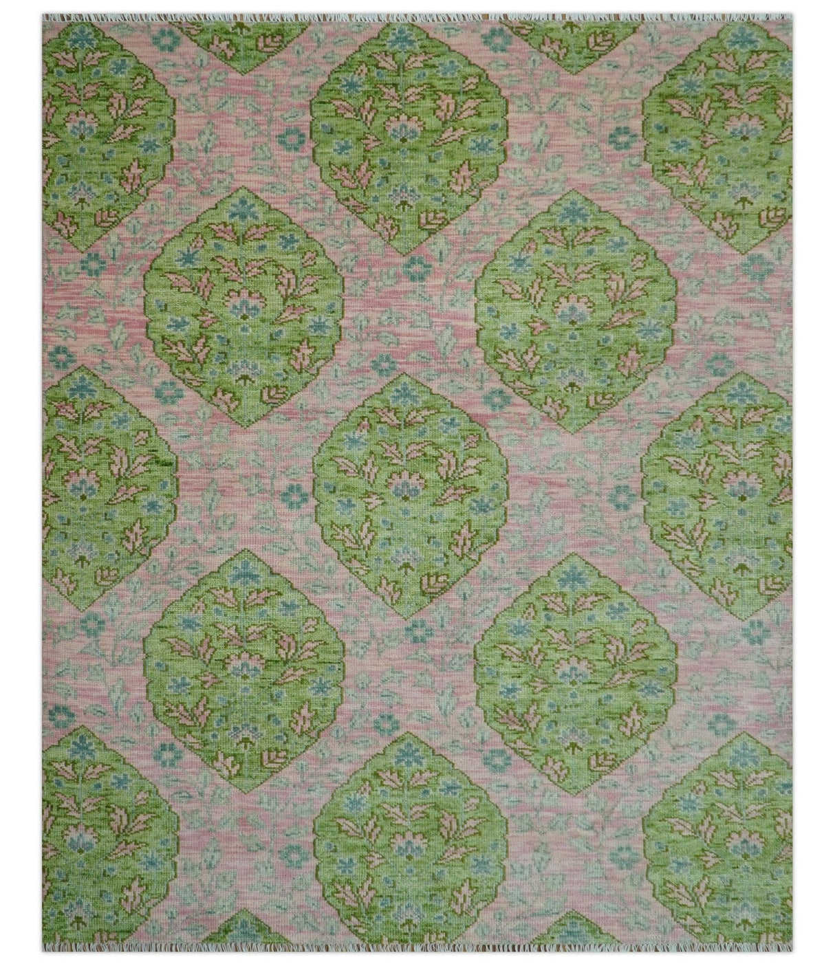 Custom Made Pink And Green Traditional Floral Motifs Design Hand Knotted wool area rug