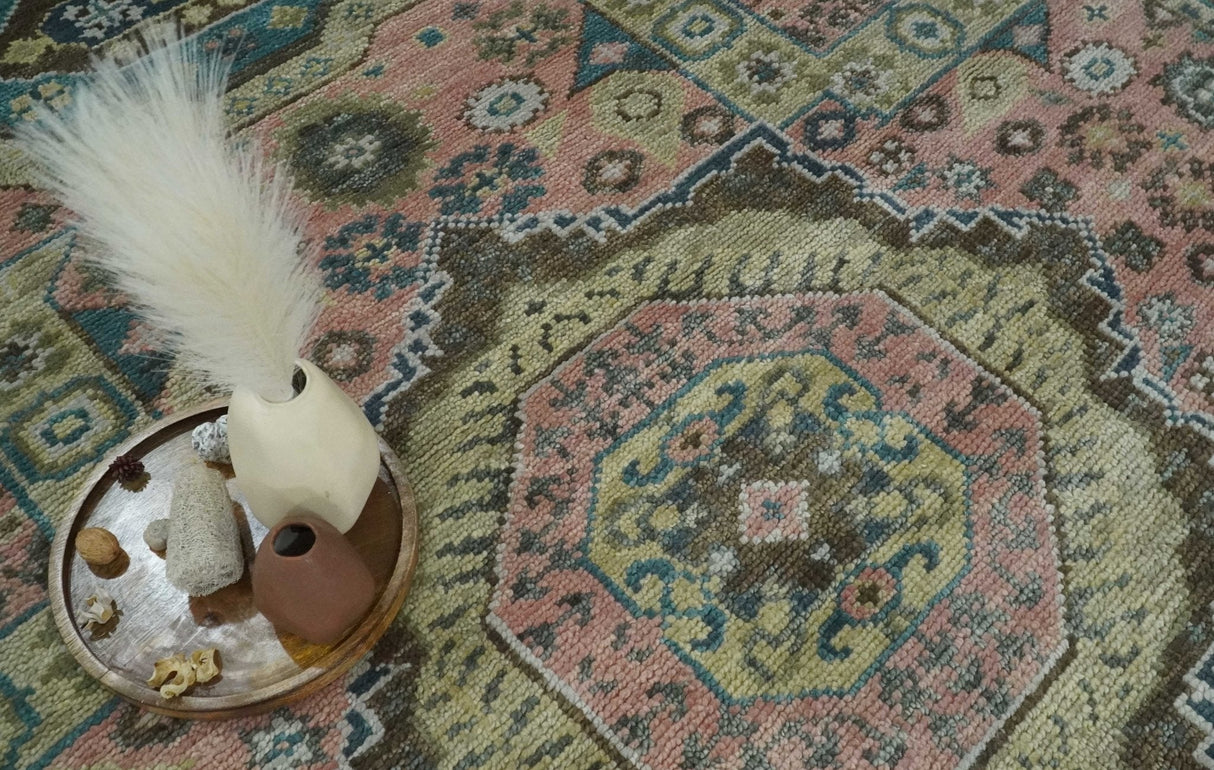 Custom Made Pink, Beige and Olive Hand knotted Medallion Mamluk Multi Size wool Area Rug