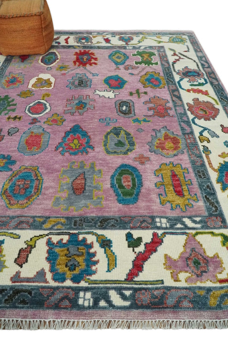 Custom Made Purple and Ivory Vibrant Colorful Hand knotted Oushak wool Rug