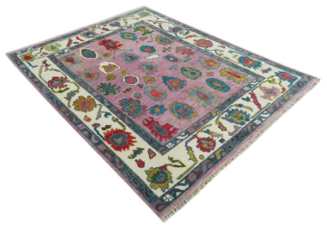 Custom Made Purple and Ivory Vibrant Colorful Hand knotted Oushak wool Rug
