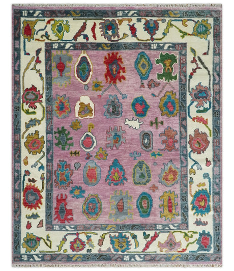 Custom Made Purple and Ivory Vibrant Colorful Hand knotted Oushak wool Rug