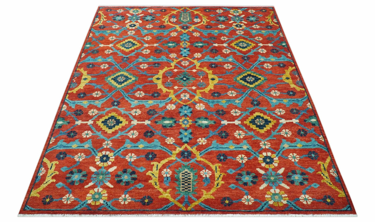 Custom Made Red And Blue Traditional Floral Motifs Hand Knotted Wool Rug