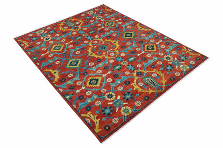 Custom Made Red And Blue Traditional Floral Motifs Hand Knotted Wool Rug