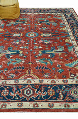 Custom Made Red And Blue Traditional Hand Knotted Wool Rug