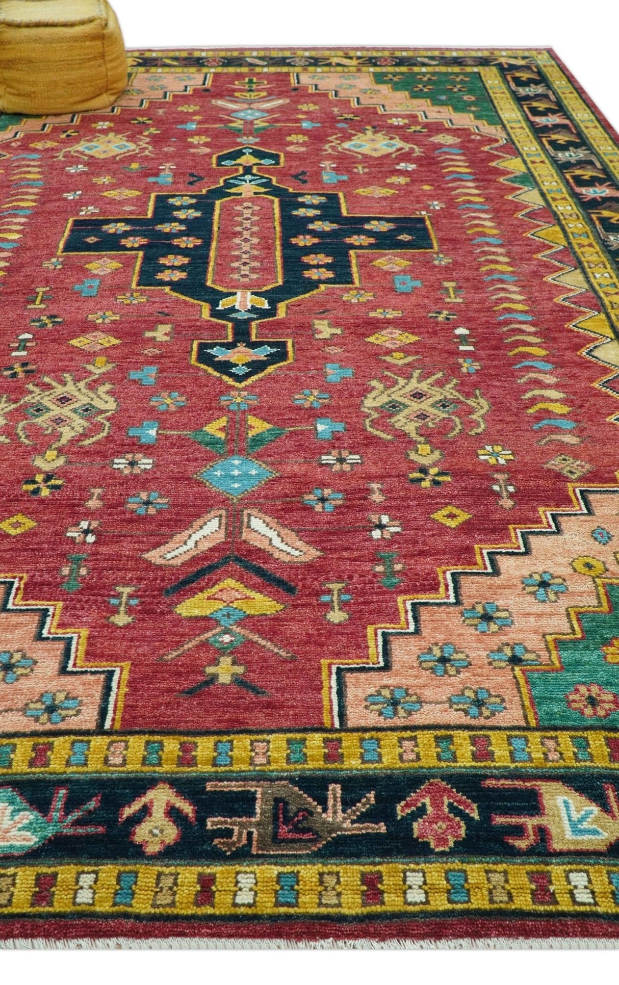 Custom Made Red And Green Traditional Heriz Design Hand Knotted Wool Rug