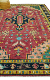 Custom Made Red And Green Traditional Heriz Design Hand Knotted Wool Rug