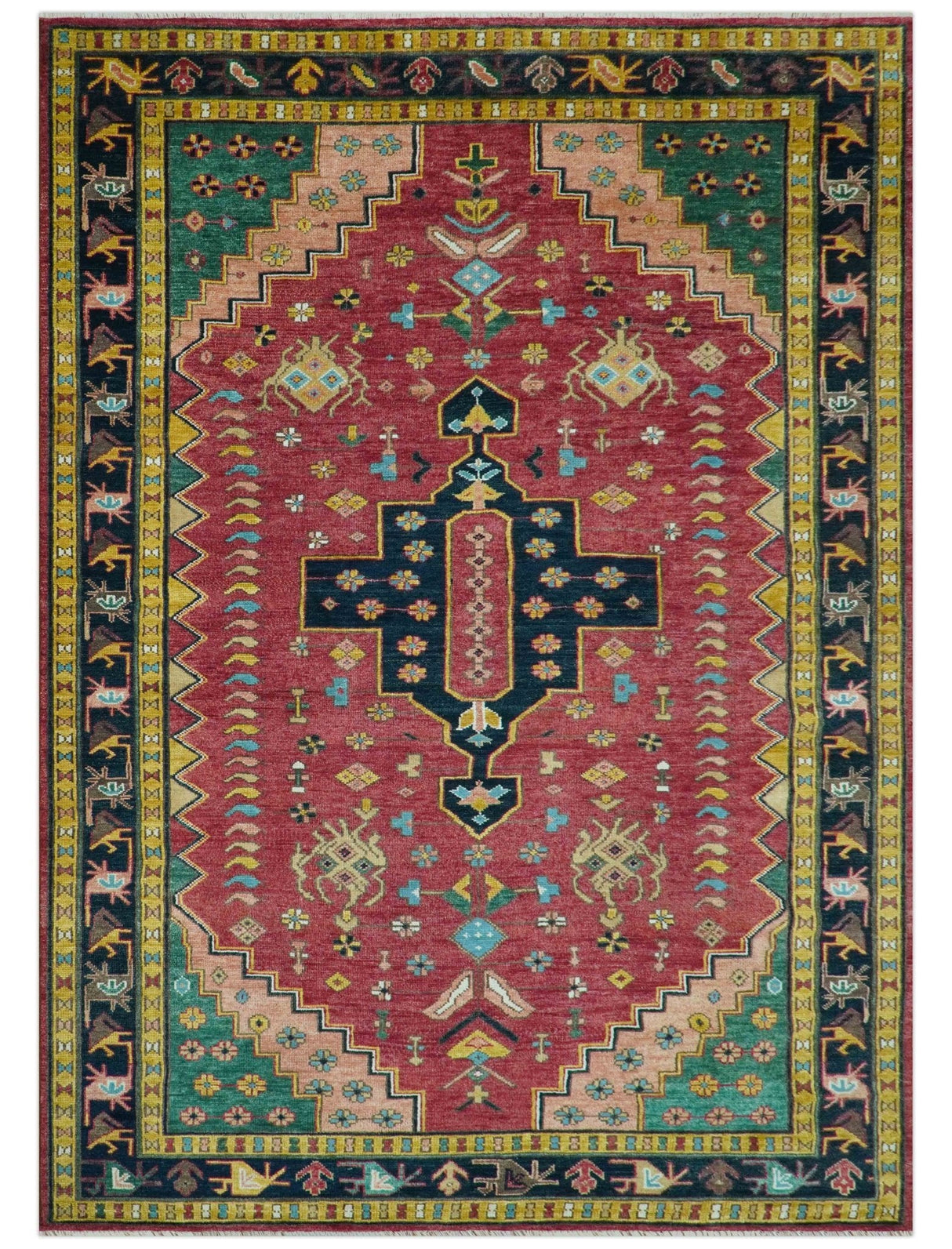 Custom Made Red And Green Traditional Heriz Design Hand Knotted Wool Rug