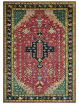 Custom Made Red And Green Traditional Heriz Design Hand Knotted Wool Rug