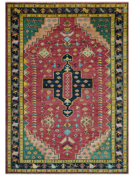 Custom Made Red And Green Traditional Heriz Design Hand Knotted Wool Rug