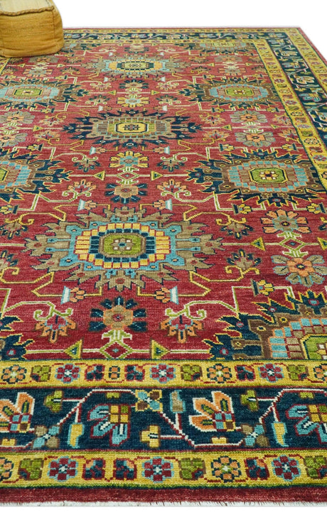Custom Made Red And Mustard Traditional Floral Design Hand Knotted Wool Rug