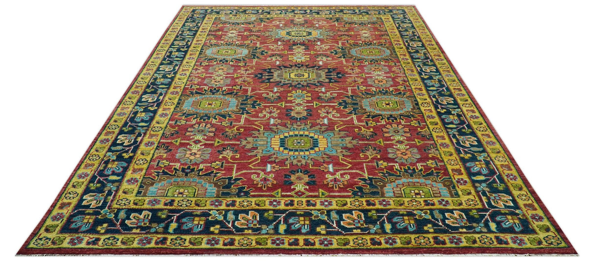 Custom Made Red And Mustard Traditional Floral Design Hand Knotted Wool Rug