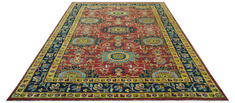 Custom Made Red And Mustard Traditional Floral Design Hand Knotted Wool Rug