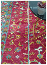 Custom Made Red And Olive Traditional Floral Design Hand Knotted Wool Rug