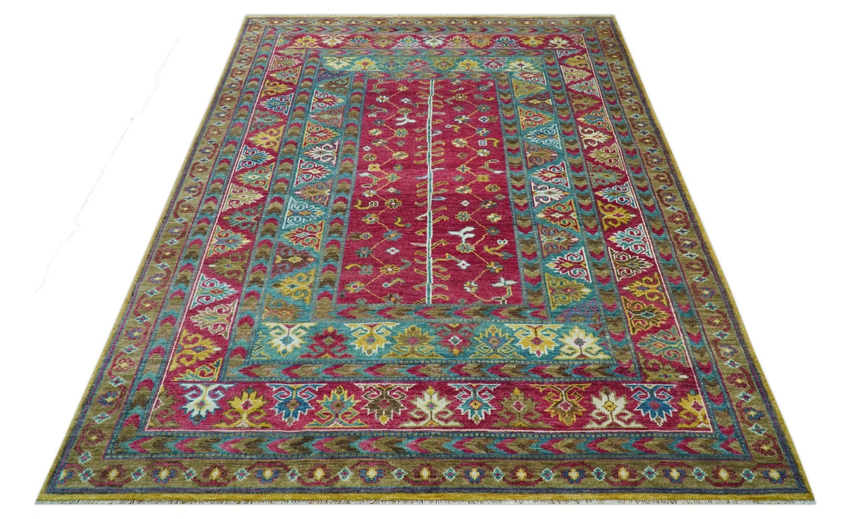 Custom Made Red And Olive Traditional Floral Design Hand Knotted Wool Rug