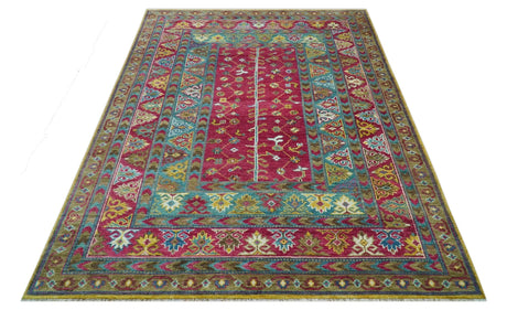 Custom Made Red And Olive Traditional Floral Design Hand Knotted Wool Rug