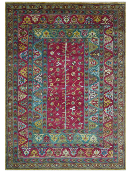 Custom Made Red And Olive Traditional Floral Design Hand Knotted Wool Rug