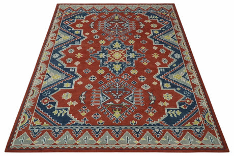 Custom Made Red, Blue, Gray and Mustard Traditional Hand knotted wool Area Rug