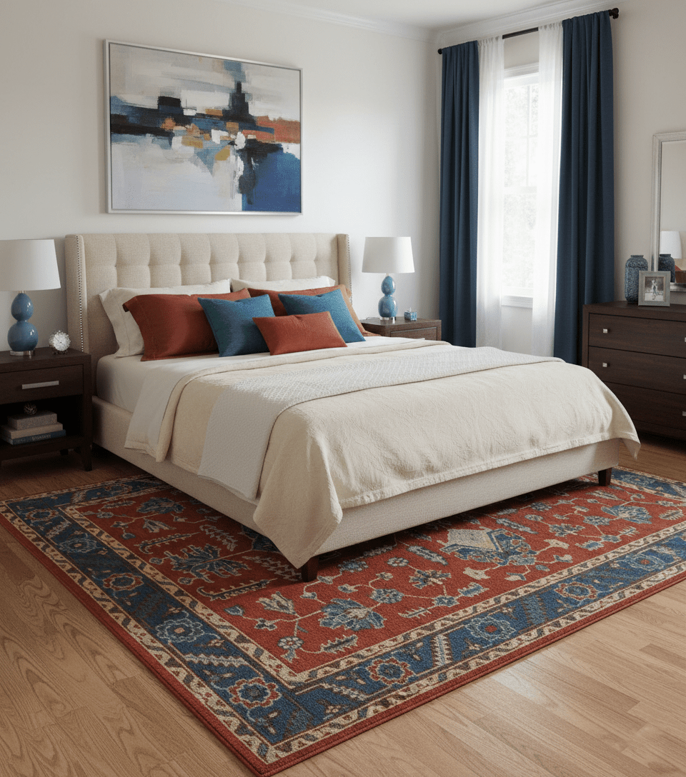 Custom Made Red, Blue, Gray and Mustard Traditional Hand knotted wool Area Rug