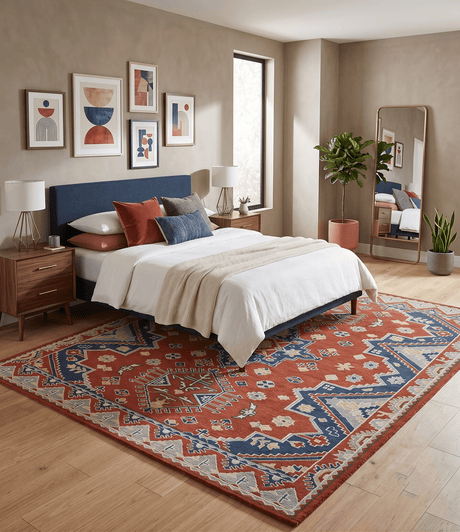 Custom Made Red, Blue, Gray and Mustard Traditional Hand knotted wool Area Rug