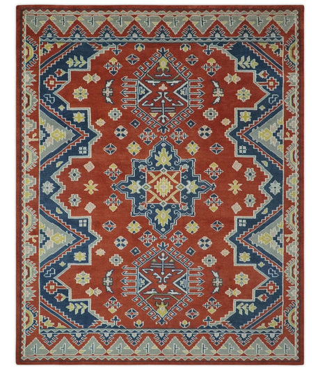 Custom Made Red, Blue, Gray and Mustard Traditional Hand knotted wool Area Rug