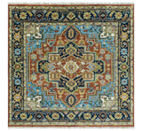 Custom Made Rust and Blue Traditional Medallion Hand Knotted Wool Area Rug