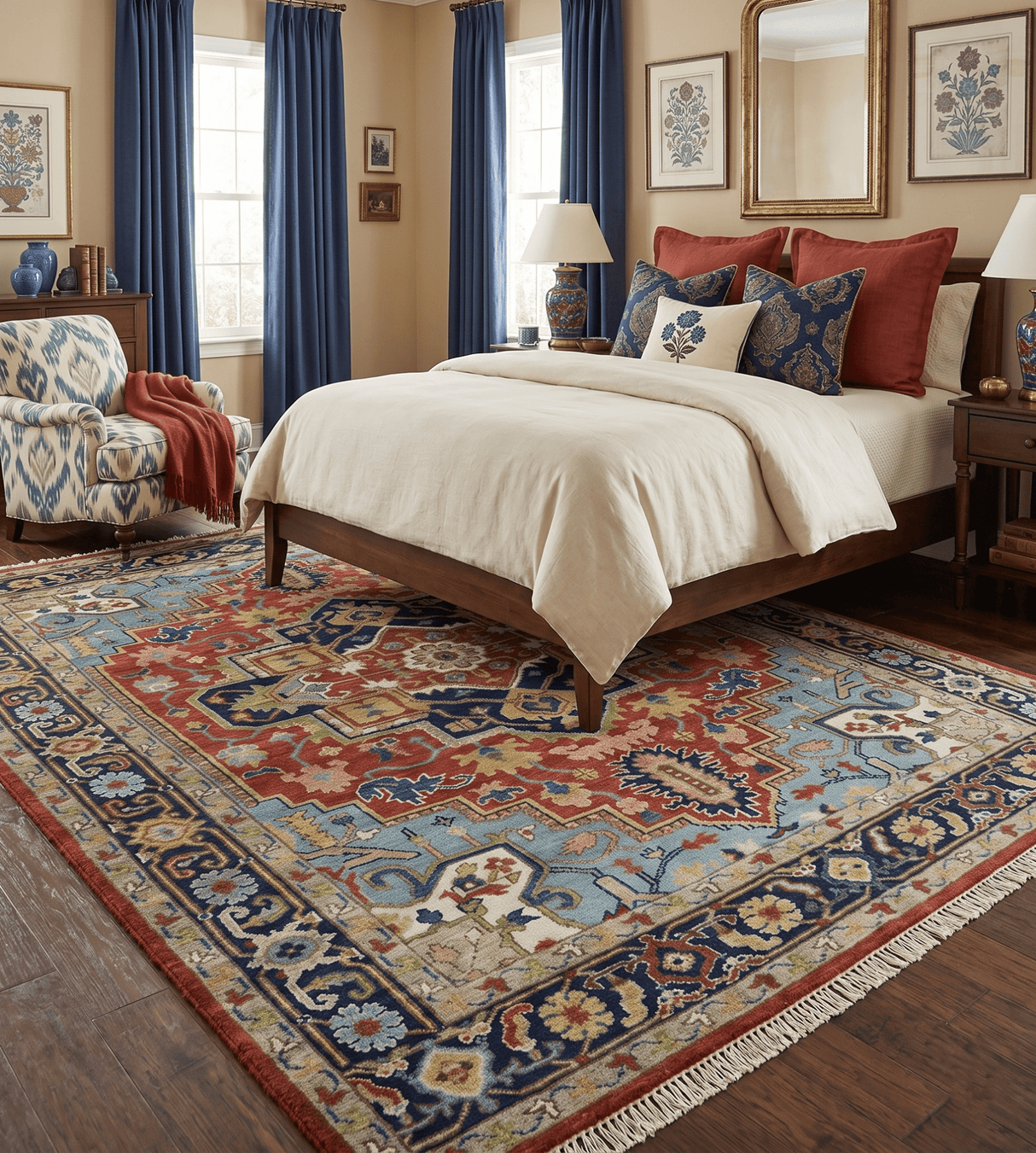 Custom Made Rust and Blue Traditional Medallion Hand Knotted Wool Area Rug