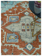 Custom Made Rust And Blue Traditional Serapi Design Hand Knotted Wool Rug