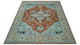 Custom Made Rust And Blue Traditional Serapi Design Hand Knotted Wool Rug