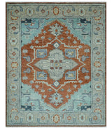 Custom Made Rust And Blue Traditional Serapi Design Hand Knotted Wool Rug