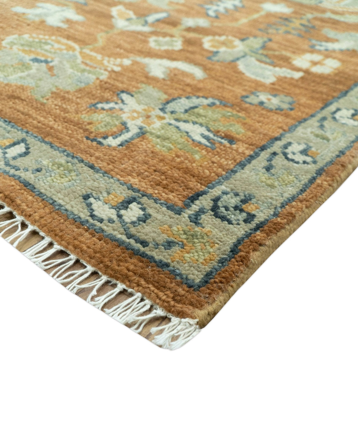 Custom Made Rust, Beige And Blue Traditional Hand Knotted wool rug
