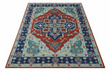 Custom Made Rust, Blue and Silver hand knotted Traditional Heriz wool area rug