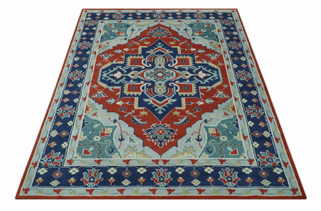 Custom Made Rust, Blue and Silver hand knotted Traditional Heriz wool area rug
