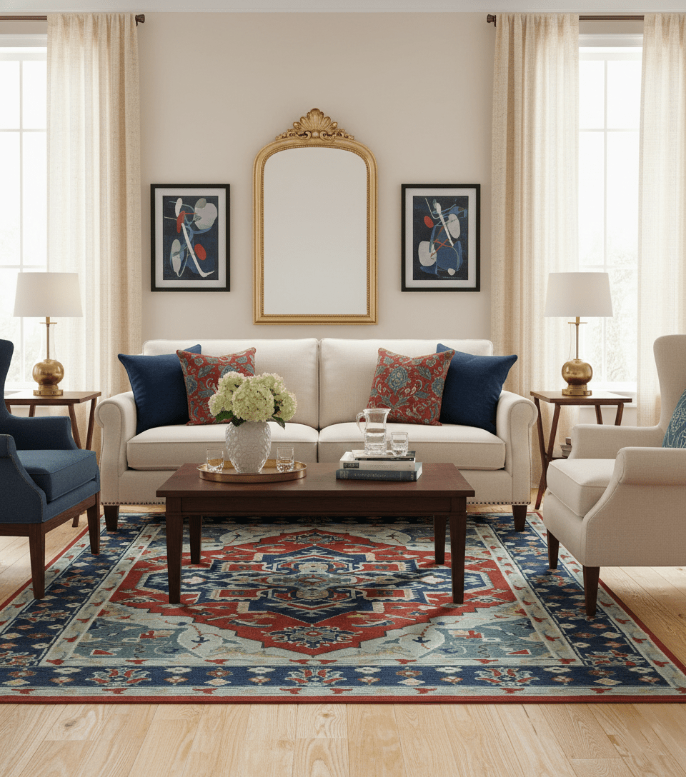 Custom Made Rust, Blue and Silver hand knotted Traditional Heriz wool area rug