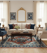 Custom Made Rust, Blue and Silver hand knotted Traditional Heriz wool area rug
