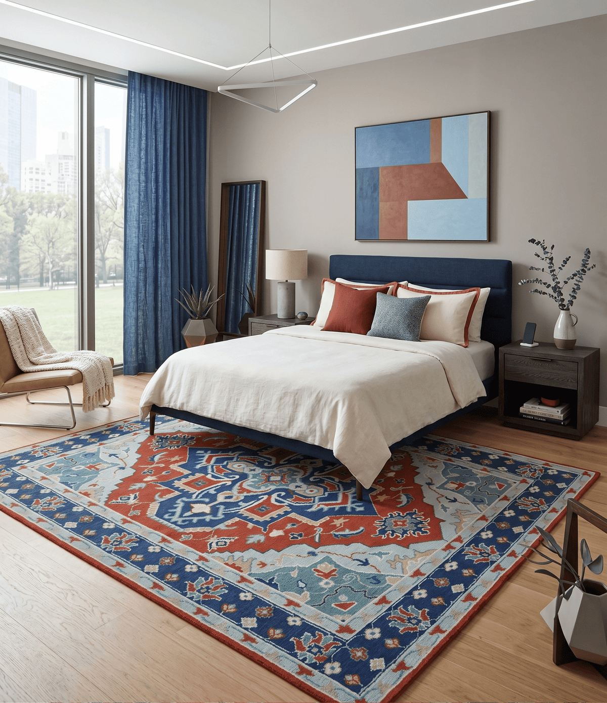Custom Made Rust, Blue and Silver hand knotted Traditional Heriz wool area rug