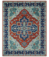 Custom Made Rust, Blue and Silver hand knotted Traditional Heriz wool area rug