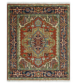 Custom Made Rust, Mustard, Ivory and Blue Hand Knotted Traditional Wool Area Rug