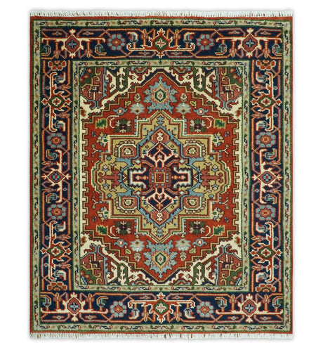 Custom Made Rust, Mustard, Ivory and Blue Hand Knotted Traditional Wool Area Rug