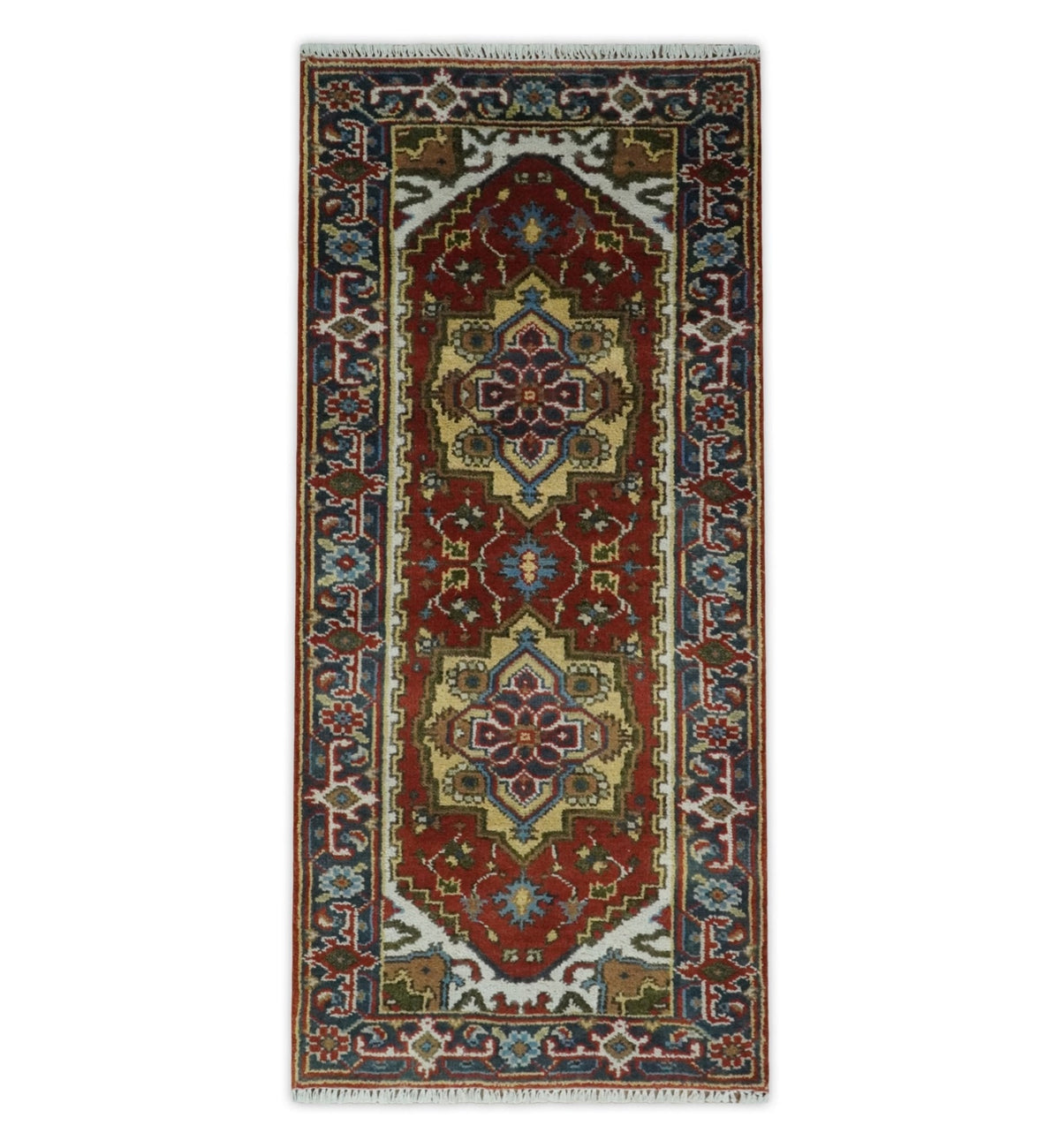 Custom Made Rust, Mustard, Ivory and Blue Hand Knotted Traditional Wool Area Rug